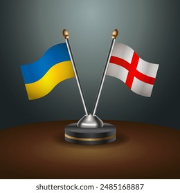 Ukraine and England flag together. Small table flag with color gradient background