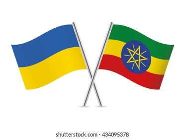 Ukraine and Ethiopia crossed flags. Ukrainian and Ethiopian flags, isolated on white background. Vector icon set. Vector illustration.