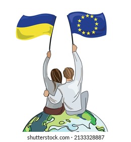 Ukraine and EU concept.Man with EU flag and woman with Ukraine flag sit hugging on planet Earth vector cartoon illustration.Ukraine's accession to the European Union