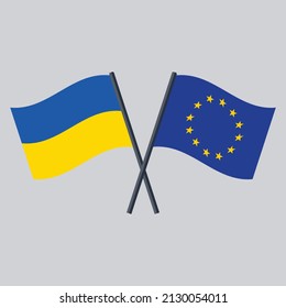 Ukraine and EU flag on stick crossed. The European Union vector icon flat design.