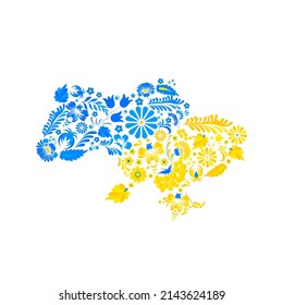 Ukraine, Europe. Vector Illustration of silhouette of Ukrainian border colored in Ukrainian flag. Folk art print design