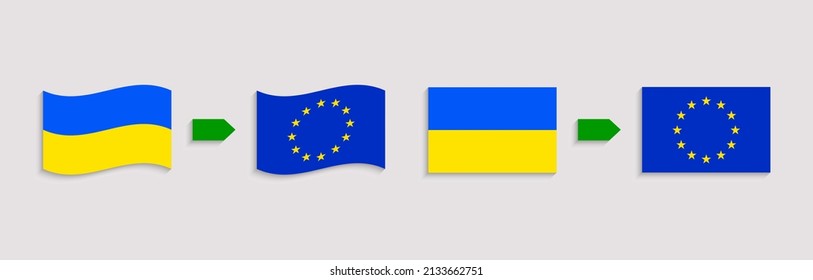 Ukraine and European Union flags vector illustration. Ukrainian and EU official flags symbols. Association agreement between the European Union and Ukraine state simple concept.
