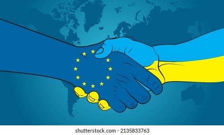 Ukraine and European Union make an arrangement. Handshake Ukraine and EU. Ukraine–EU relations.