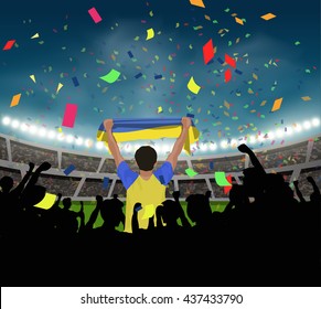 Ukraine fan stand up and hand flag in silhouette group to celebrate the team won in the soccer match on the stadium background, with confetti in the night time, design for template in vector format