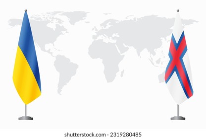 Ukraine and Faroe Islands flags for official meeting against background of world map.