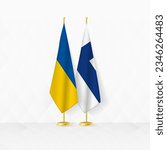 Ukraine and Finland flags on flag stand, illustration for diplomacy and other meeting between Ukraine and Finland. Vector illustration.