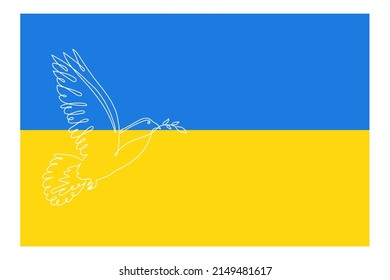 Ukraine flag background with dove and olive branch, symbol of peace and freedom. National blue-yellow sign of independence with one line pigeon,editable stroke.Isolated.Vector illustration