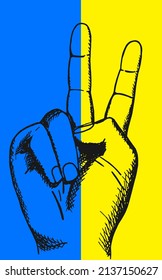 Ukraine flag background with hand drawn symbol of peace. Blue and yellow color. Ukraine concept of resistance.