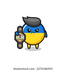 ukraine flag badge mascot character as a MMA fighter with the champion belt , cute style design for t shirt, sticker, logo element