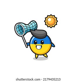 ukraine flag badge mascot illustration is catching butterfly , cute style design for t shirt, sticker, logo element