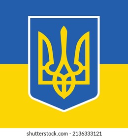 Ukraine flag with blue and yellow color theme. shield with trident