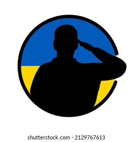 Ukraine flag blue and yellow with a saluting army man soldier silhouette icon round frame isolated vector illustration