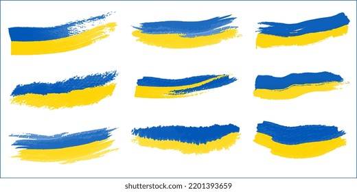 Ukraine flag brush concept. Flag of Ukraine grunge style banner background. Ukraine flags on white background. Set of Ukrainian flags for T-shirts. Vector illustration.