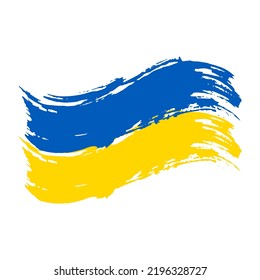 Diseño de pincel de bandera de Ucrania. Bandera de Ucrania al estilo gruñón. Cartel de plantilla. País independiente. Bandera de dos colores, azul y amarillo. Diseño plano de ilustración vectorial. Aislado sobre fondo blanco. 