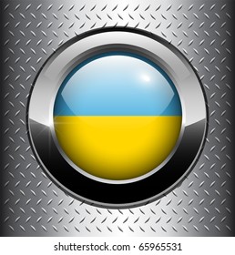 Ukraine flag button on metal background, vector.