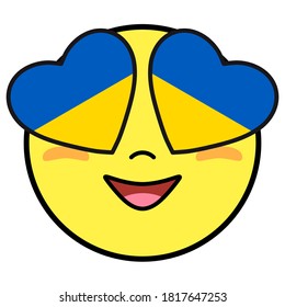 Ukraine flag button. Patriotic smile in hearts glasses. Emoji icon isolated on white background.