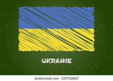 Ukraine flag with chalk effect on green chalkboard, hand drawing country flag concept, green blackboard with Ukraine flag, chalk texture, flag for kids, classroom material