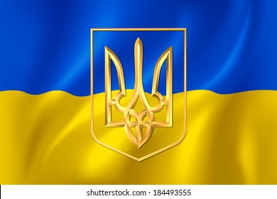 Ukraine flag and coat of arms. Golden trident on cloth flag