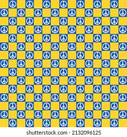 Ukraine flag color checker pattern. Yellow and blue checker pattern with peace symbol. Peace for Ukraine.