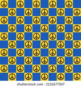 Ukraine flag color checker pattern. Yellow and blue checker pattern with peace symbol. Peace for Ukraine. Black peace symbol pattern on yellow and blue background. Peace pattern.