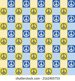 Ukraine flag color checker pattern. Yellow and blue checker pattern with peace symbol. Peace for Ukraine.