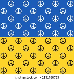 Ukraine flag color pattern. Yellow and blue checker pattern with peace symbol. Peace for Ukraine. Black and white peace symbol.