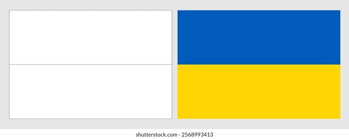Ukraine flag - coloring page. Set of white wireframe thin black outline flag and original colored flag.