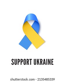 Ukraine flag colors awareness ribbon with text Support Ukraine. Realistic vector illustration of blue and yellow ribbon