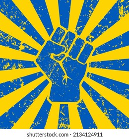 Ukraine flag colors Raised fist icon symbol shape. Justice, revolution, protest logo sign. Vector illustration image. Isolated on white backround. Sunburst background.	
