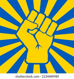 Ukraine flag colors Raised fist icon symbol shape. Justice, revolution, protest logo sign. Vector illustration image. Isolated on white backround. Sunburst background.