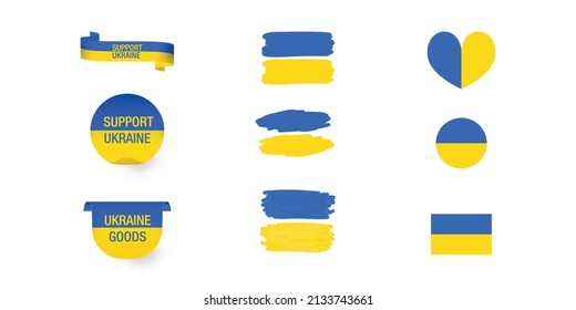 Ukraine flag and country emblem vector icons. Ukrainian country symbols in blue yellow. graphic illustration ribbons, tags and stickers for Ukraine support with text made in Ukraine, Ukraine goods