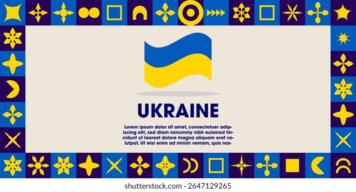 Ukraine Flag Design banner with cultural design. Independence day design for Ukraine celebration. Modern neo geometric retro design with flag, showcasing national pride and heritage.
