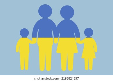 Ukraine flag with family concept, vector element, parent and kids holding hands, immigrant idea, happy family with Ukraine flag, flat design asset