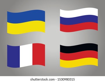 Ukraine Flag, France Flag, Germany Flag And Russia Flag On Grey Background, Vector. Meeting In The Normandy Format.