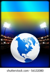 Ukraine Flag with Globe on Stadium Background Original Illustration