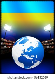Ukraine Flag with Globe on Stadium Background Original Illustration