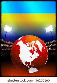Ukraine Flag with Globe on Stadium Background Original Illustration