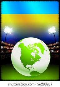 Ukraine Flag with Globe on Stadium Background Original Illustration