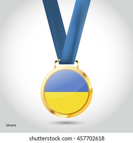 Ukraine Flag in gold Medal. Vector Illustration. RIO Olympic Game gold Medal. Vector Illustration