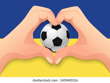 Ukraine flag and hand heart shape. National football background. Soccer ball with flag of Ukraine vector illustration