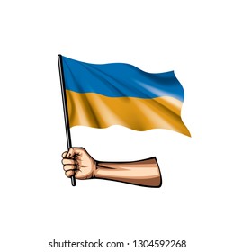 Ukraine flag and hand on white background. Vector illustration