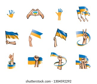 Ukraine flag and hand on white background. Vector illustration