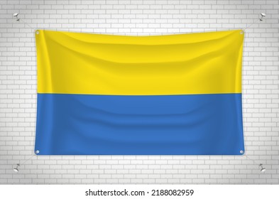 Ukraine flag hanging on brick wall. 3D drawing. Flag attached to the wall. Neatly drawing in groups on separate layers for easy editing.