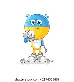 der ukrainische Fahnenkopf weint mit einem Gewebe. Cartoon-Maskottvektor