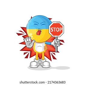 the ukraine flag head holding stop sign. cartoon mascot vector