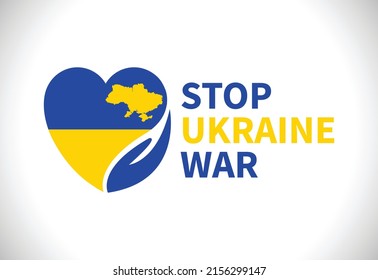 Ukraine flag heart, hand and map sign with stop ukraine war text
