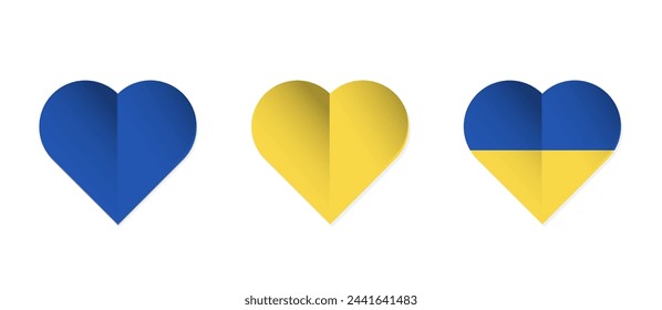 Ukraine flag in heart shape. Set of hearts with Ukraine flag colors. Vector illustration isolated on white background.
