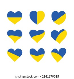 Ukraine flag hearts flat icon set on white background vector illustration.