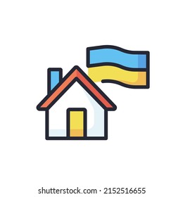 Ukraine flag with house RGB color linear icon. Home thin line customizable illustration. Vector isolated outline drawing. Editable stroke