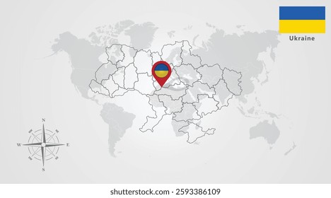 Ukraine flag icon design with map outline, Template with the national flag and map 